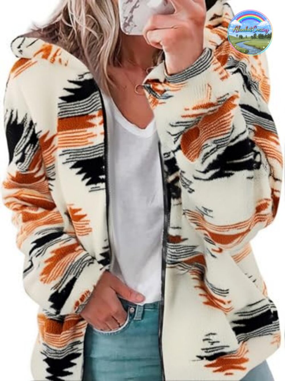 Western Aztec Print Zip Up Sherpa Fleece Hoodie Sweatshirt